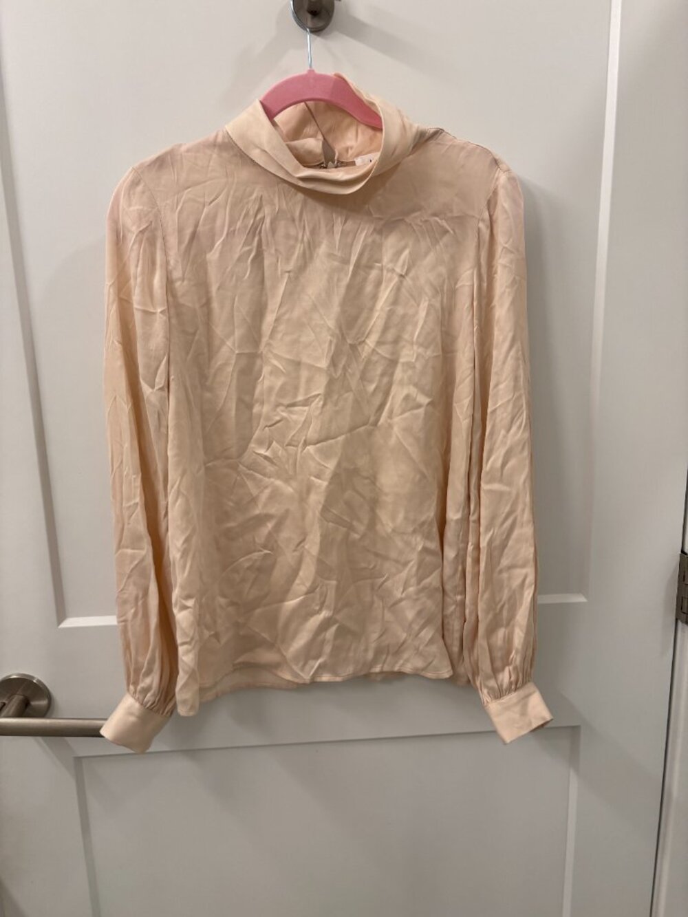 LPA Silk Satin High Neck Blouse Nude Pink Size S Long Sleeve Minimal Chic